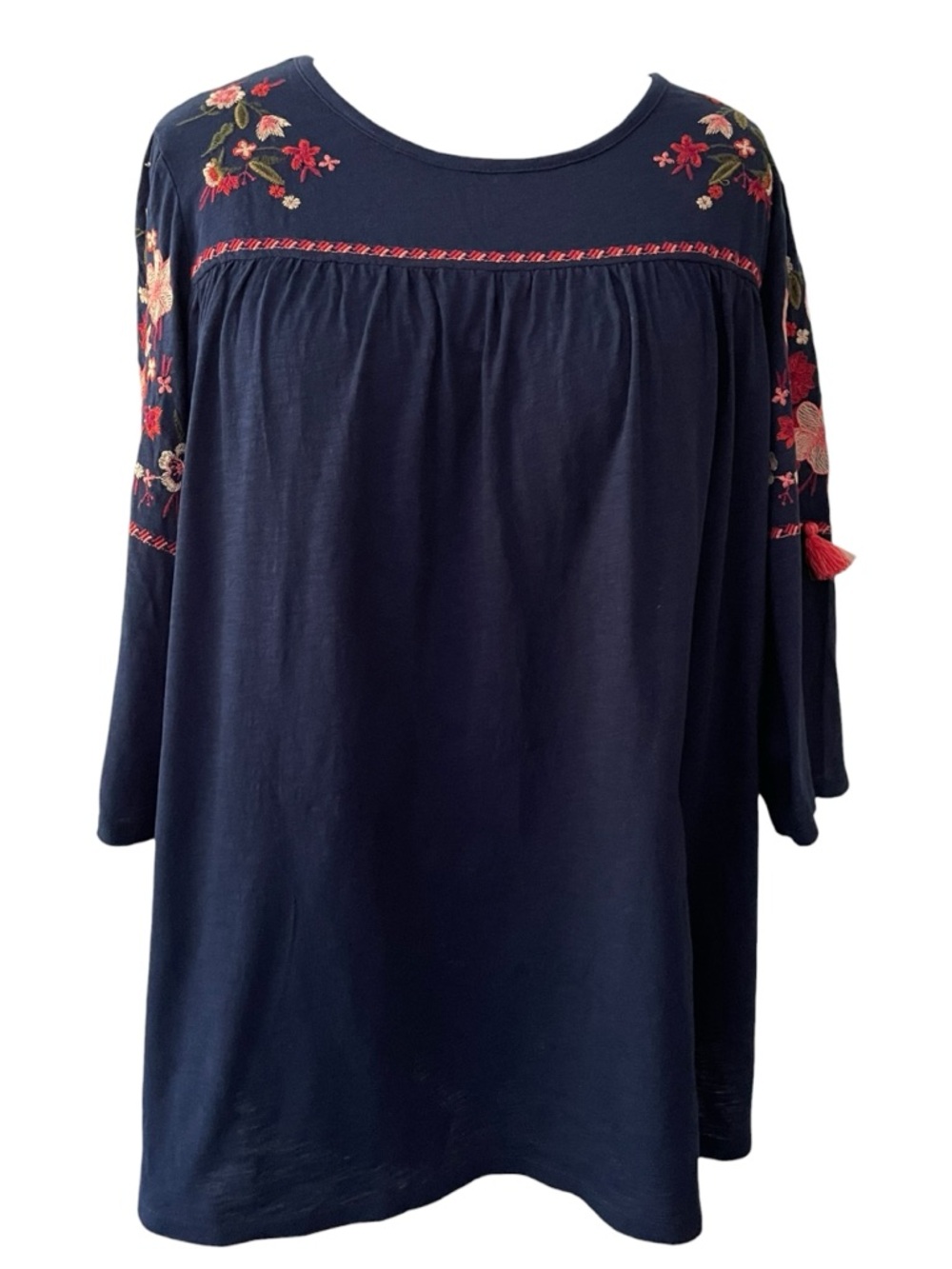 St. John's Bay Navy Tunic, Pink & Red Floral Embroidery, 3/4 sleeve, Tassels XXL - Picture 1 of 9